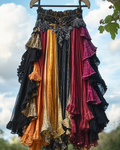 Summer ruffled cotton and linen patchwork contrast color skirt 6cbf