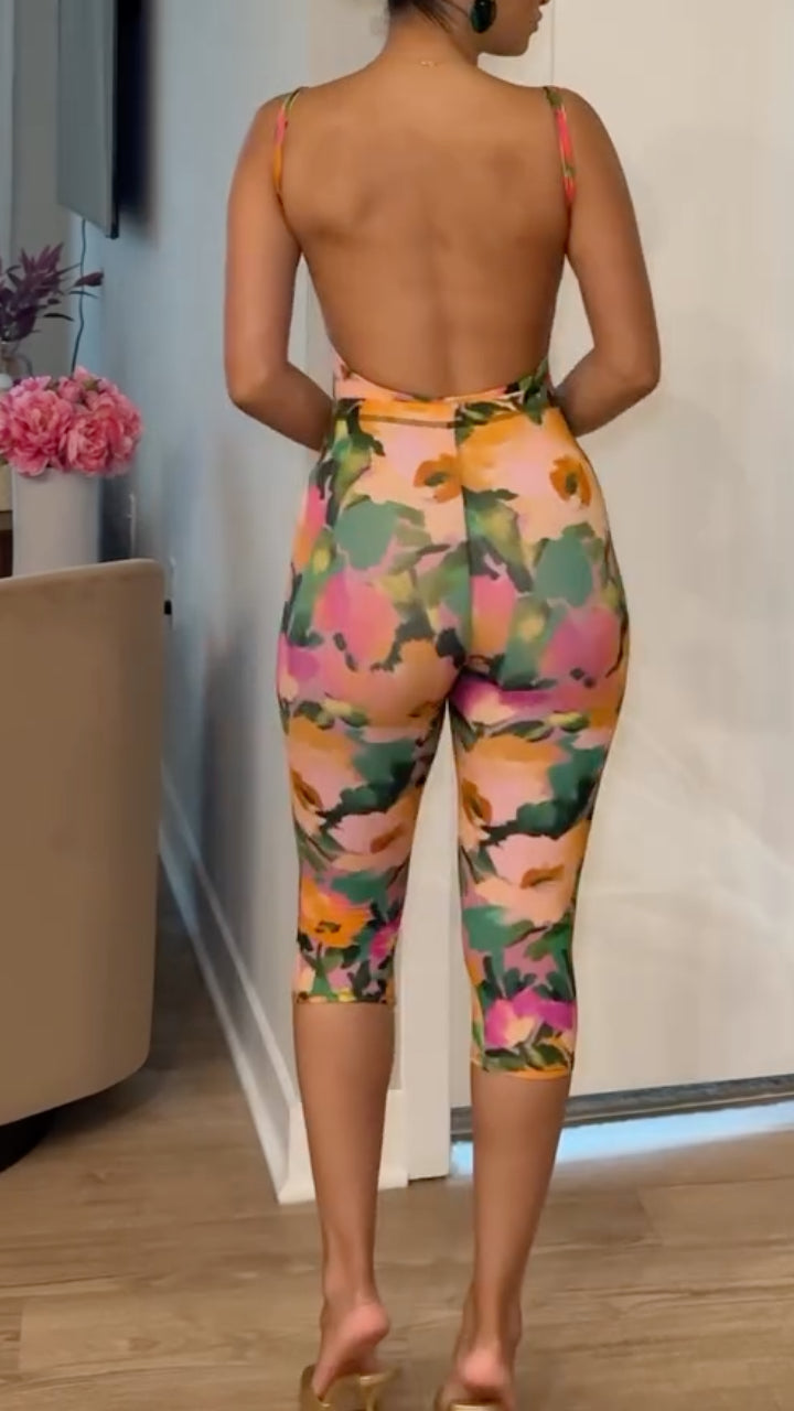 Watercolor Floral Printed Spaghetti Strap Bodycon Capri Jumpsuit