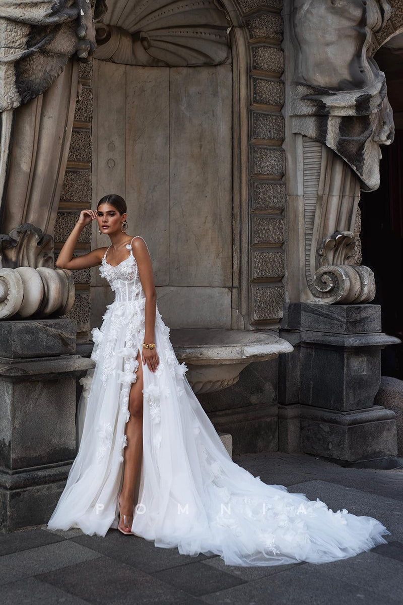 P3083 - Romantic A-Line Appliques High Split with Train Tulle Long Bohemian Wedding Dress