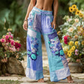 Women's Patchwork Rose Floral Contrast Waist Elastic Pocket Pants