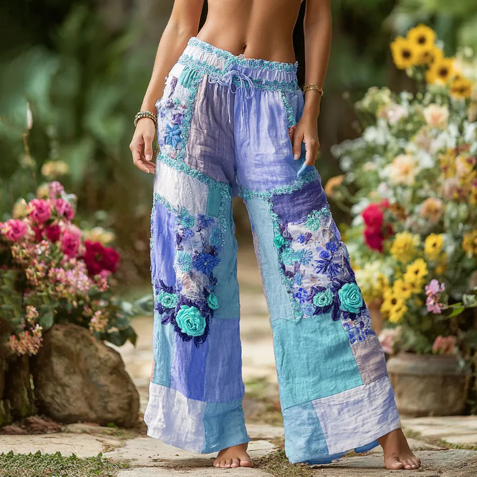Women's Patchwork Rose Floral Contrast Waist Elastic Pocket Pants