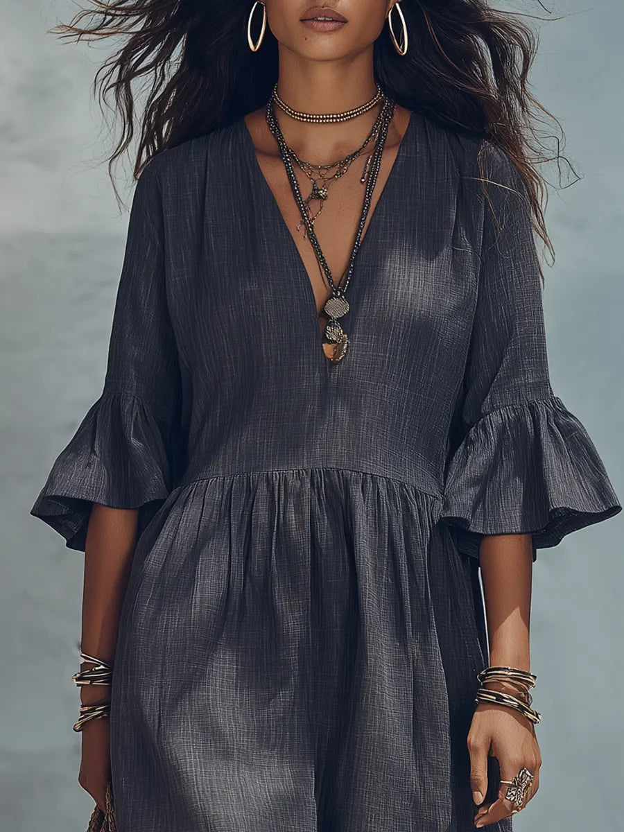 Minimalist Charcoal Blue Draped Flowy Maxi Dress