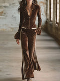 Retro Sporty Brown Leopard Print Lapel Front Zip-up Top And Flared Pants Velvet Set