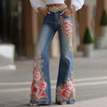 Women's Vintage Rose Floral Embroidery Art Loose Casual Jeans