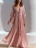 Effortless Boho Crinkle-Cotton Deep-V Batwing Blush Pink Kaftan Maxi Dress
