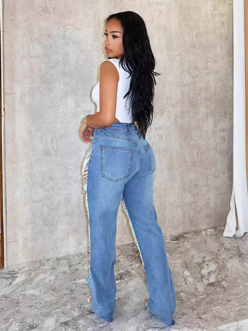 Distressed Denim Jeans with Pearl Chain Details