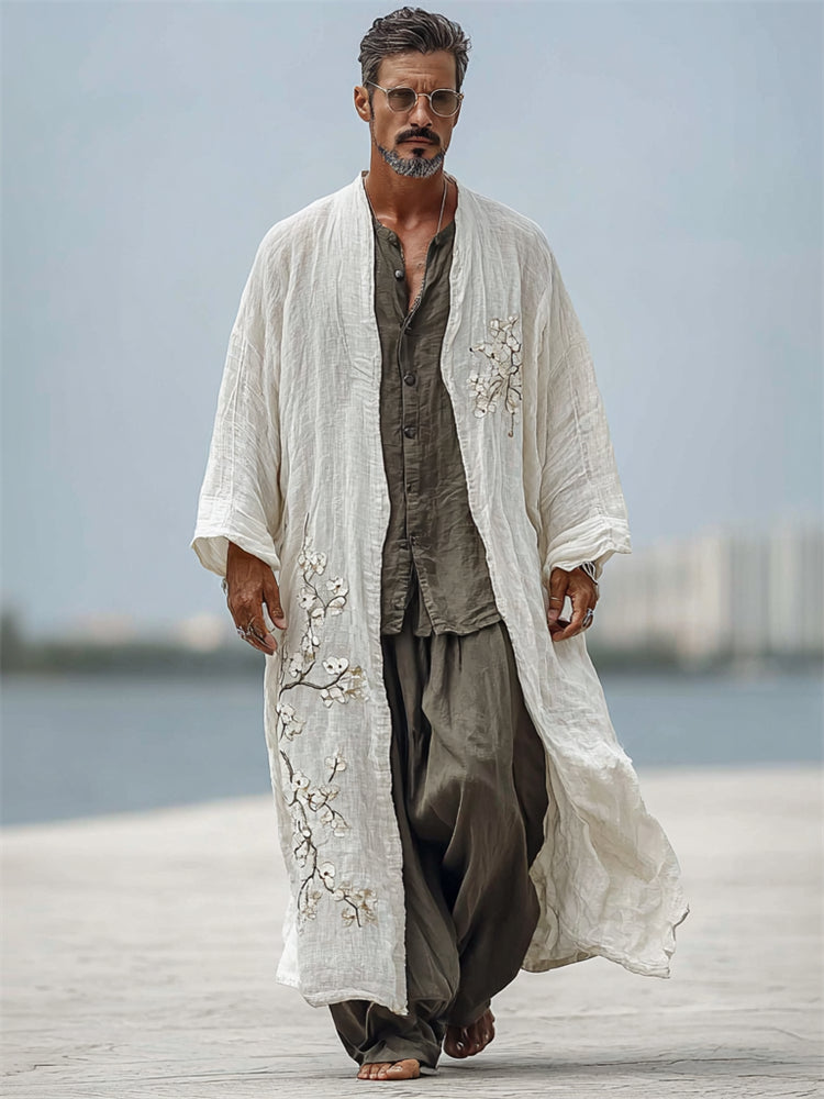 Men's Japanese Simple Almond Blossom Linen Long Kimono