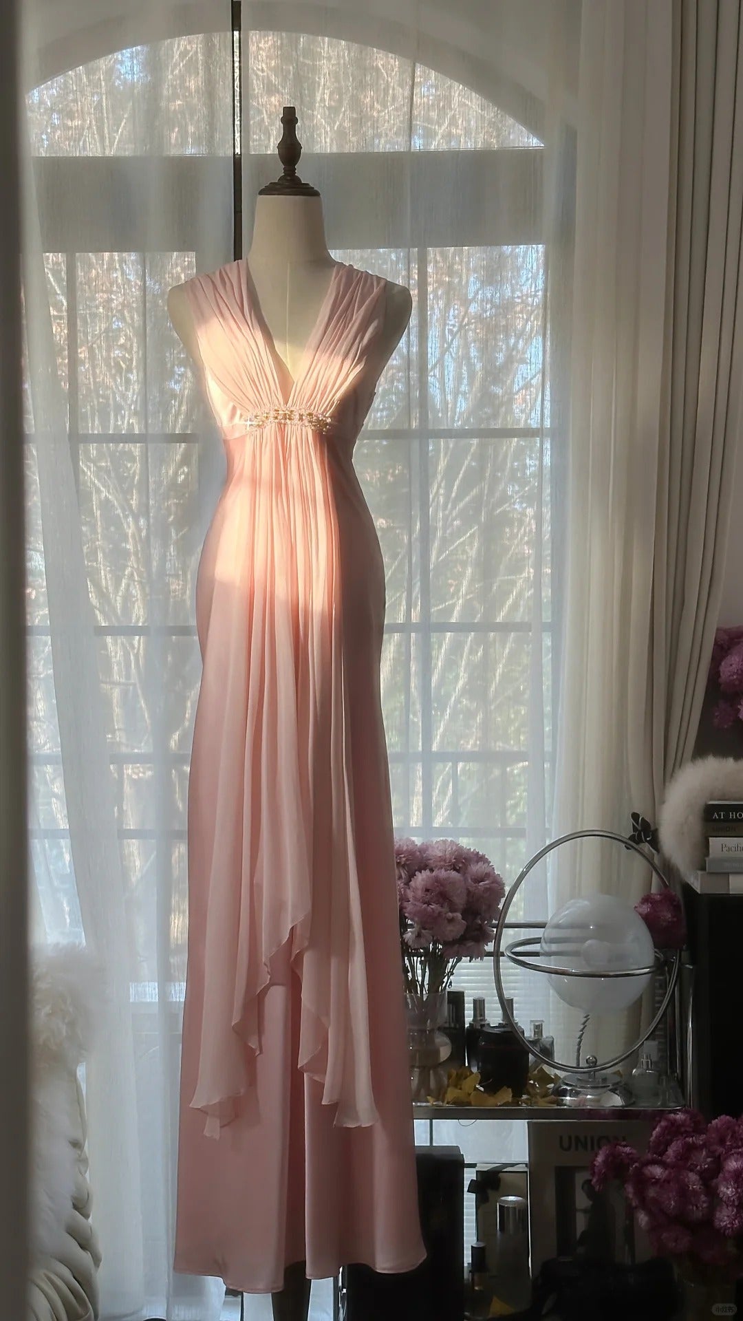 Pink Elegant Exquisite Rhinestone Long Satin Chiffon Ball Gown Evening Dress Party Dress Birthday Dress Date Dress 4163