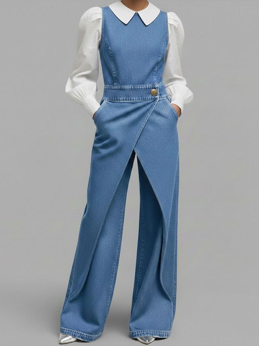 Women's Relaxed Round Neck Sleeveless Casual Loose Denim Wide-leg Jumpsuit