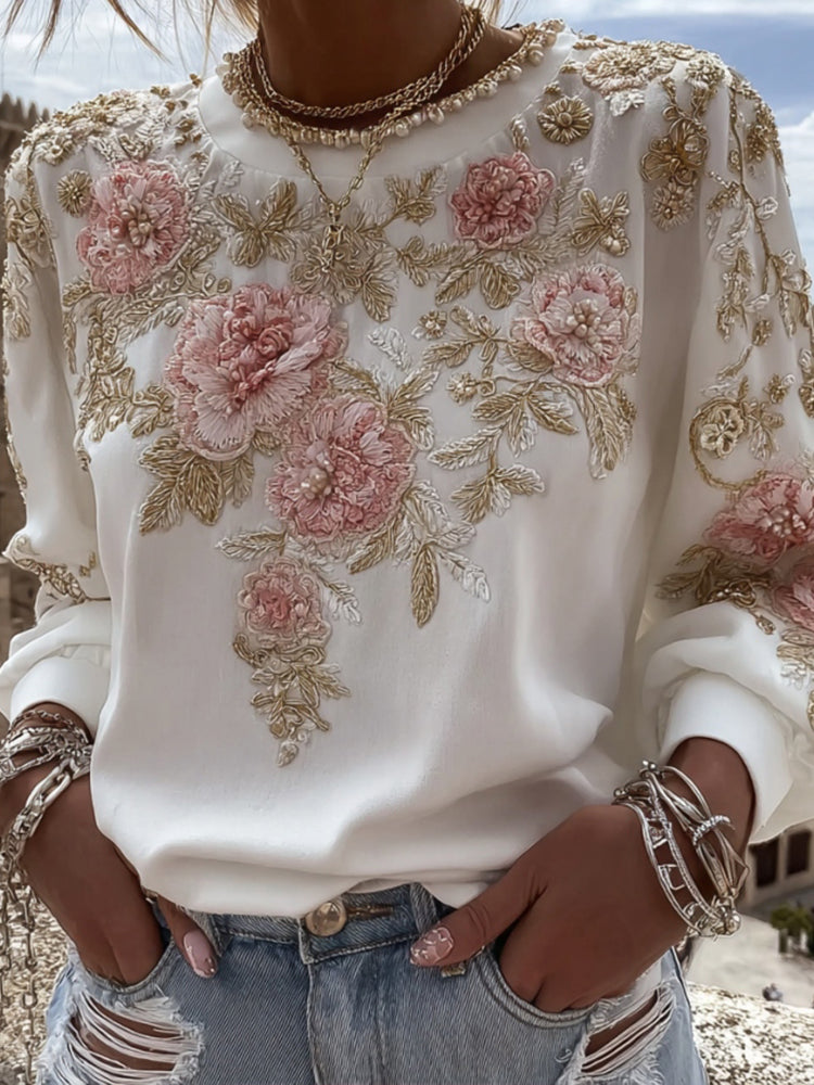 Women's Pink Flower Embroidery Art Round Neck Long Sleeve Casual Sweatshirt