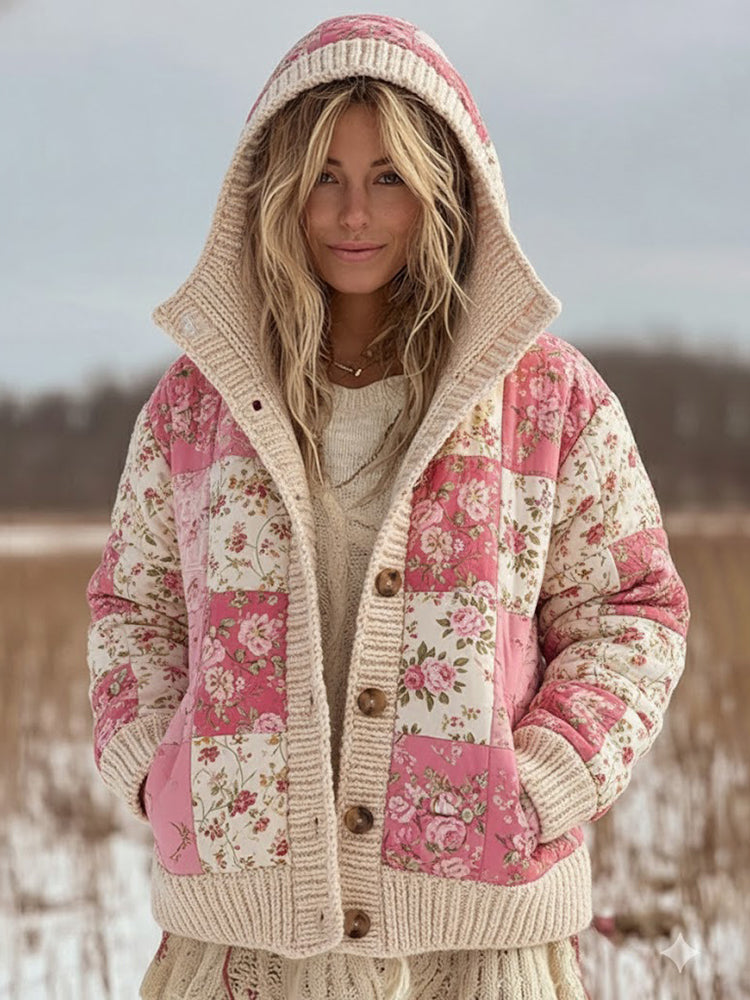 Women's Retro Floral Patchwork Comfortable Hooded Knitted Sweater