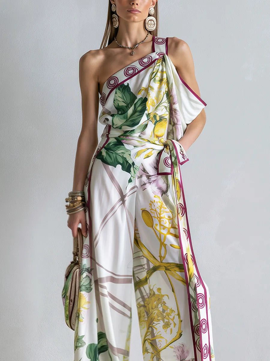 Bohemian Print One Shoulder Top And Wide Leg Set