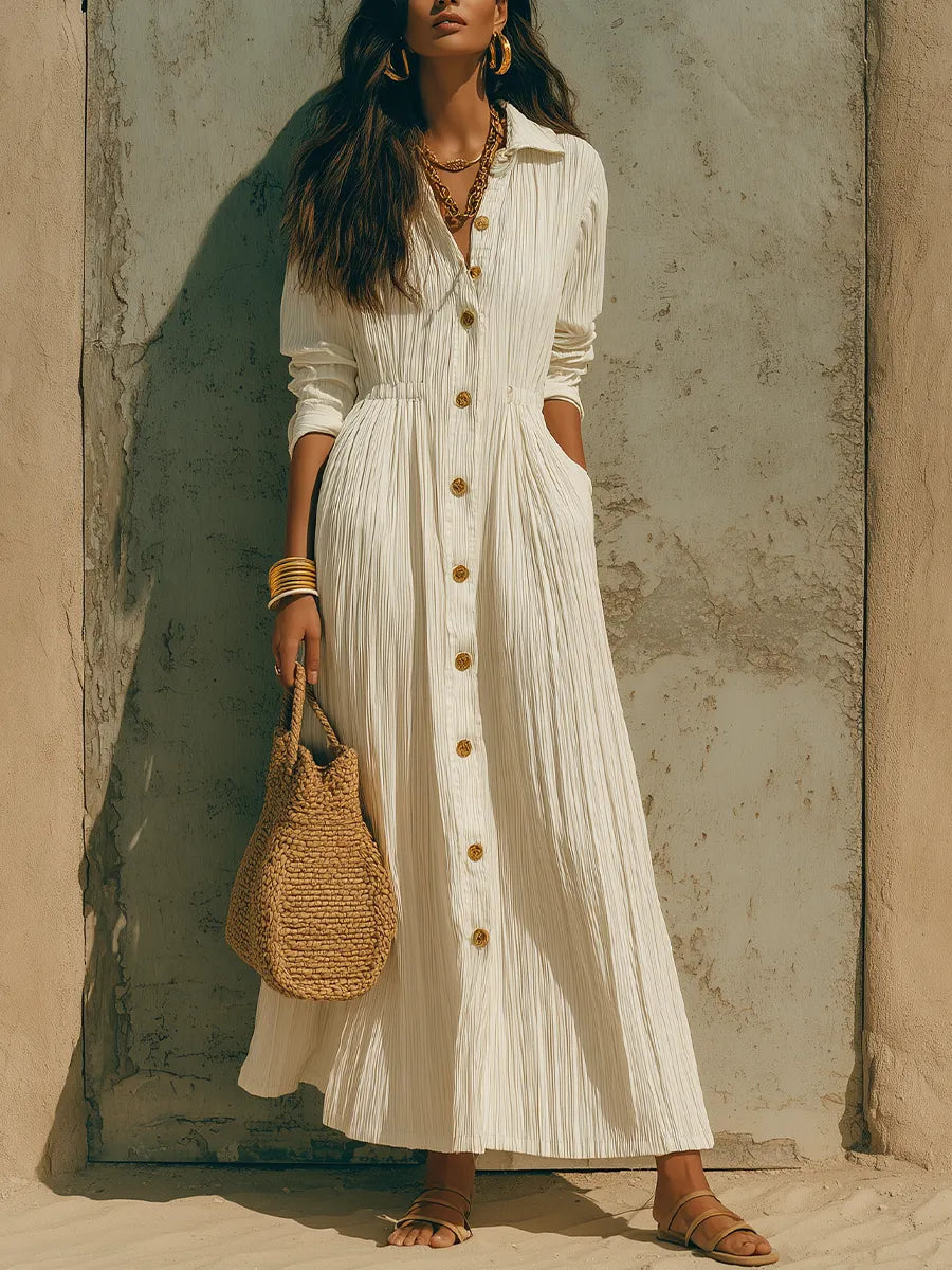 Minimalist Ivory Textured Long Sleeve Belted Midi Shirt Dress