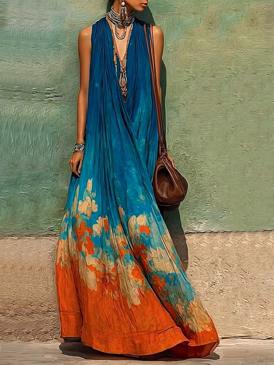 Women's Casual Loose Cotton-linen Dress — V-neck Sleeveless With Placement Print