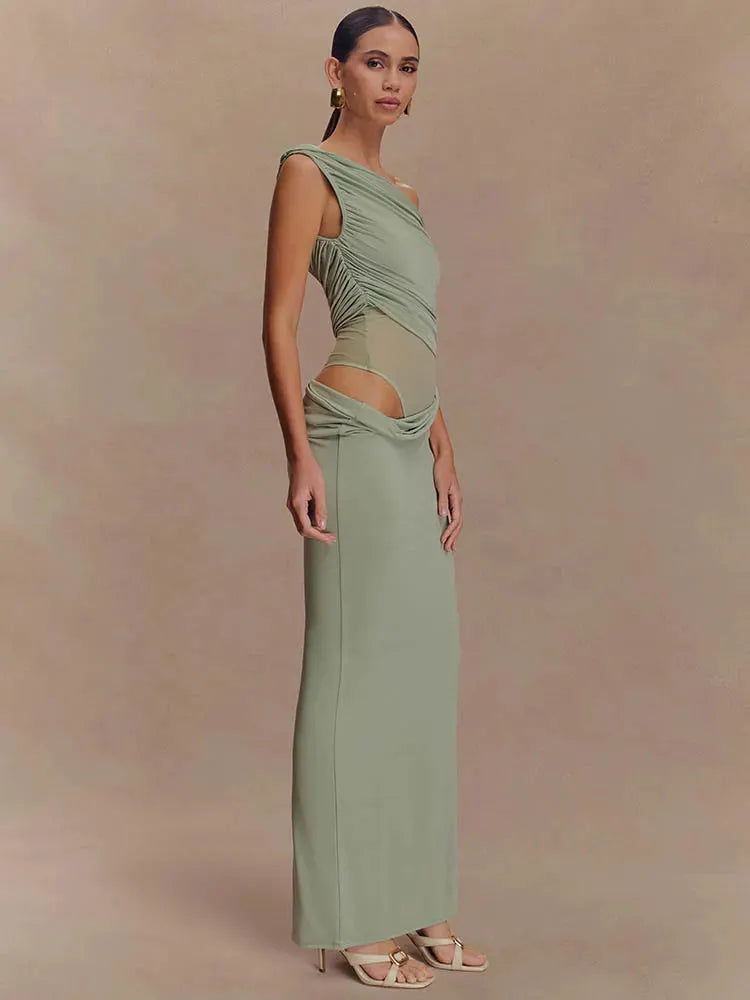 Marcelle One Shoulder Ruched Mesh Cut Out Maxi Dress – Black or Sage Green Summer Bodycon Gown