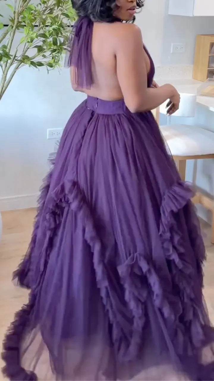 Halter Neck Backless Tulle Maxi Dress