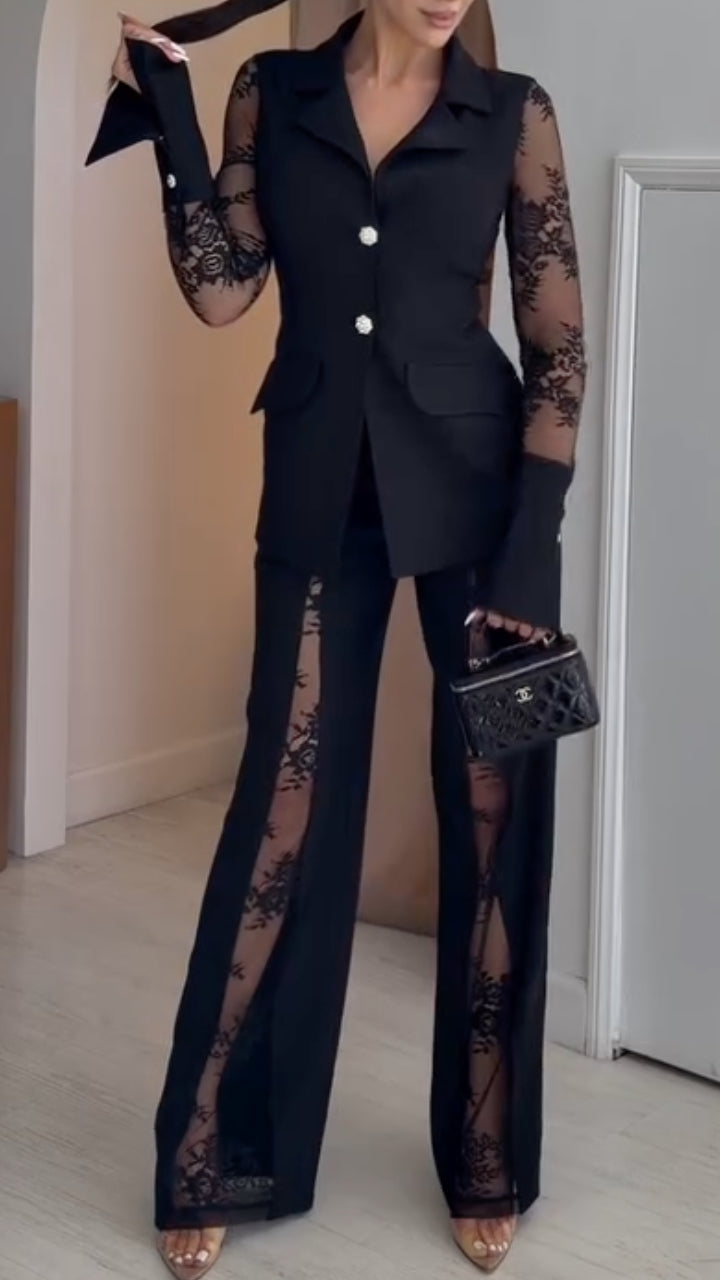 Lace‑Insert Blazer & Cutout Wide Leg Pants Co‑Ord Set