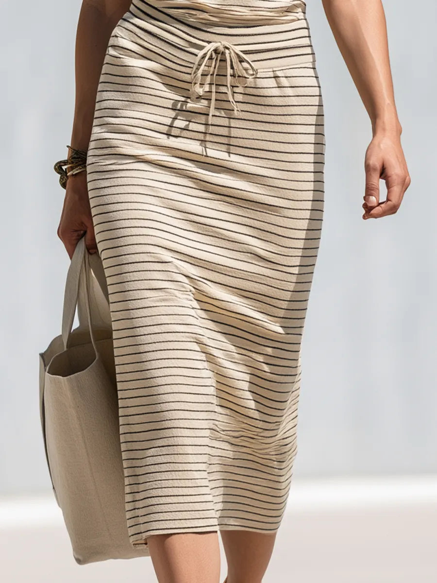 Minimalist Beige Striped Sleeveless Tie-Waist Skirt Set