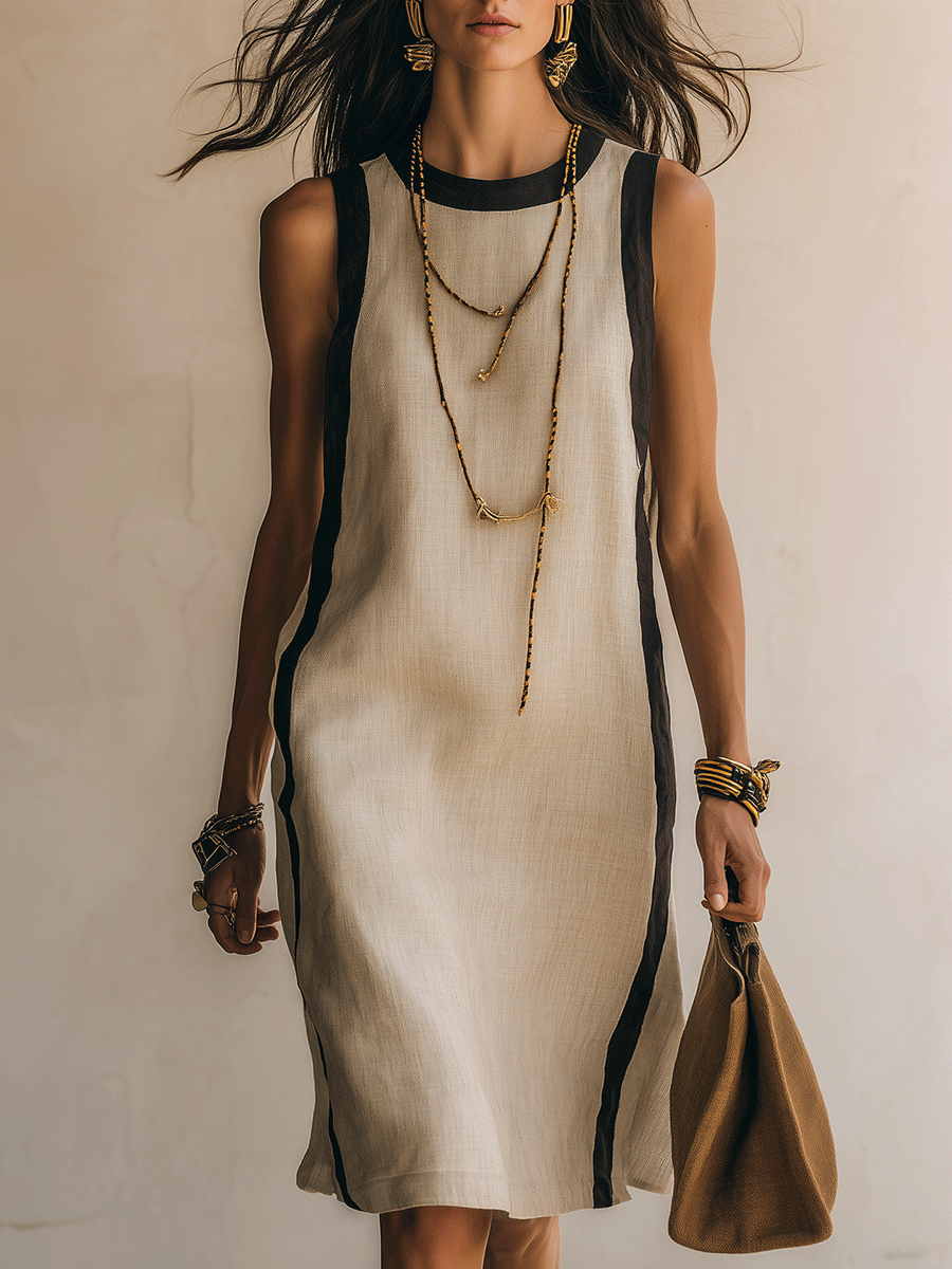 Effortless Coastal Elegance Flax Minimal Chic Black-Piped Shift  Midi Dress