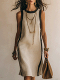 Effortless Coastal Elegance Flax Minimal Chic Black-Piped Shift  Midi Dress
