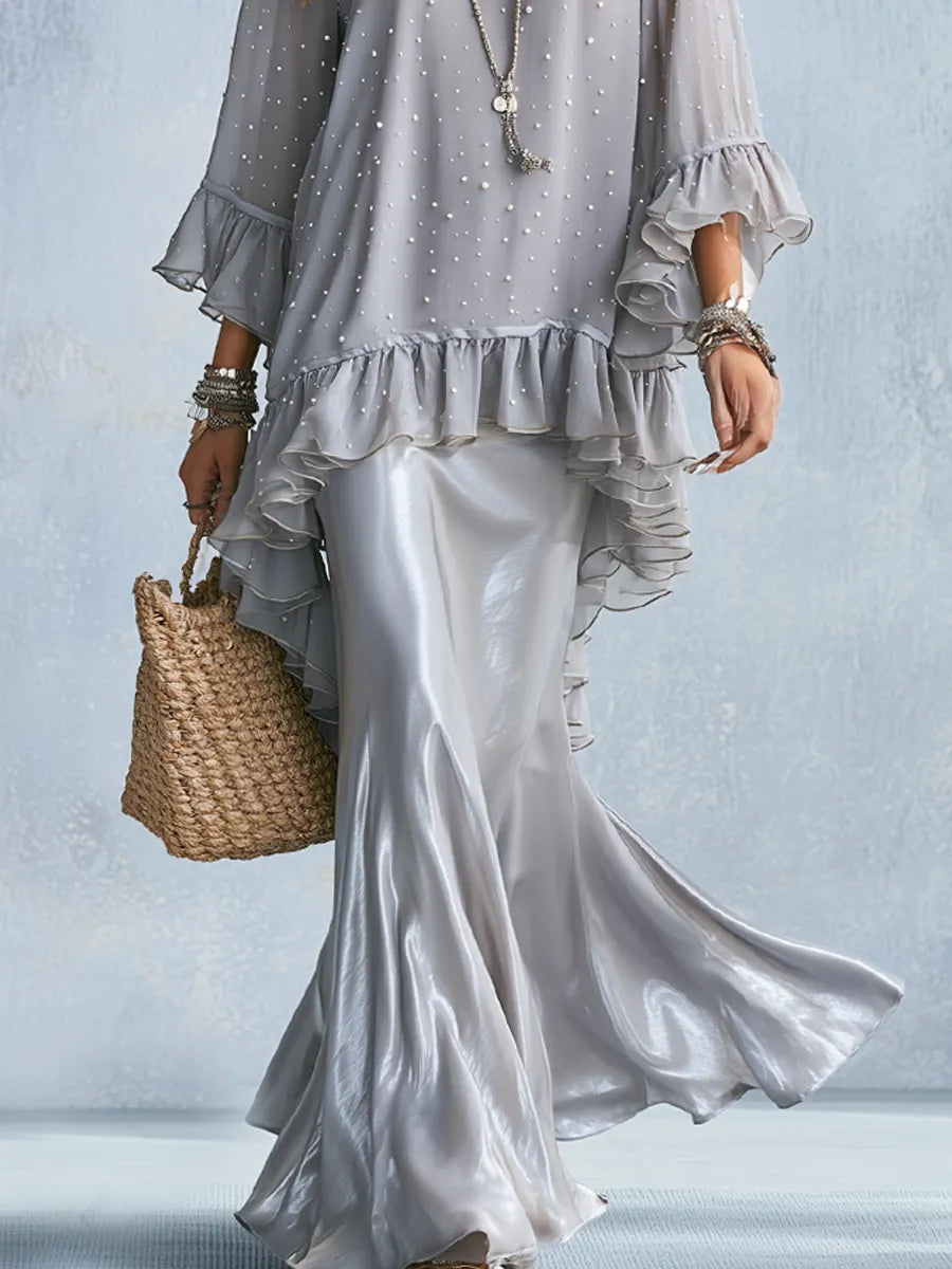 Bohemian Silver Grey Beaded Top And Satin Skirt Set