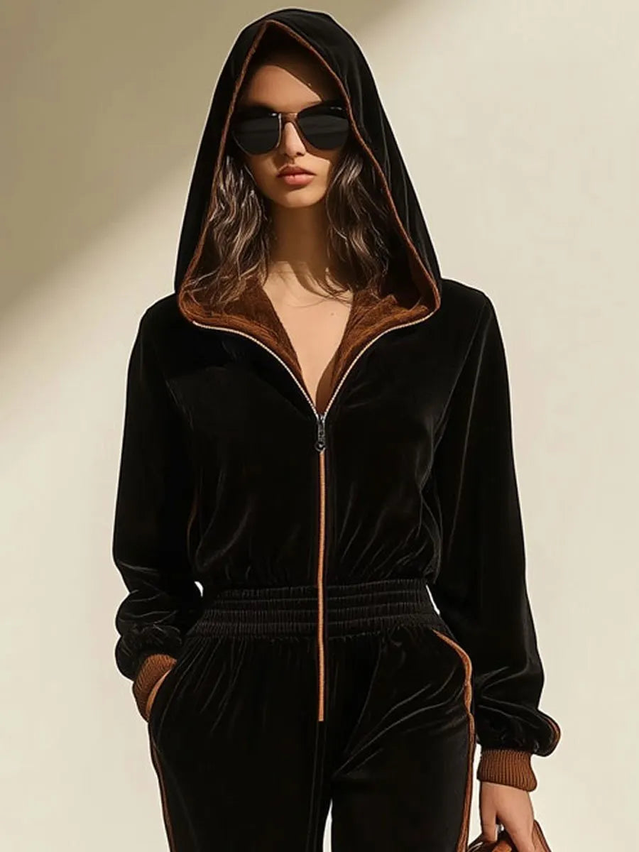 [24-hour shipping out]Casual Loose Retro Velvet Colorblock Zipper Hooded Jumpsuit