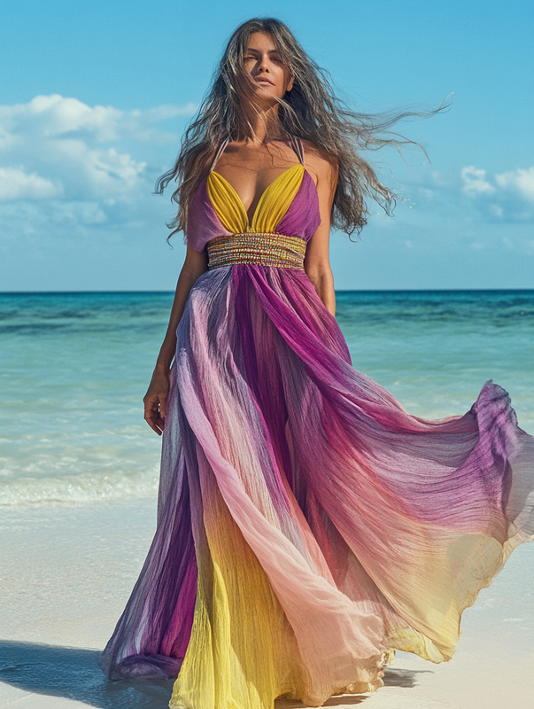 Summer vacation fashion elegant contrast color dress fe85