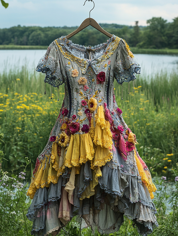 Summer Vacation Ruffle Lace Contrast Color Dress ea8c