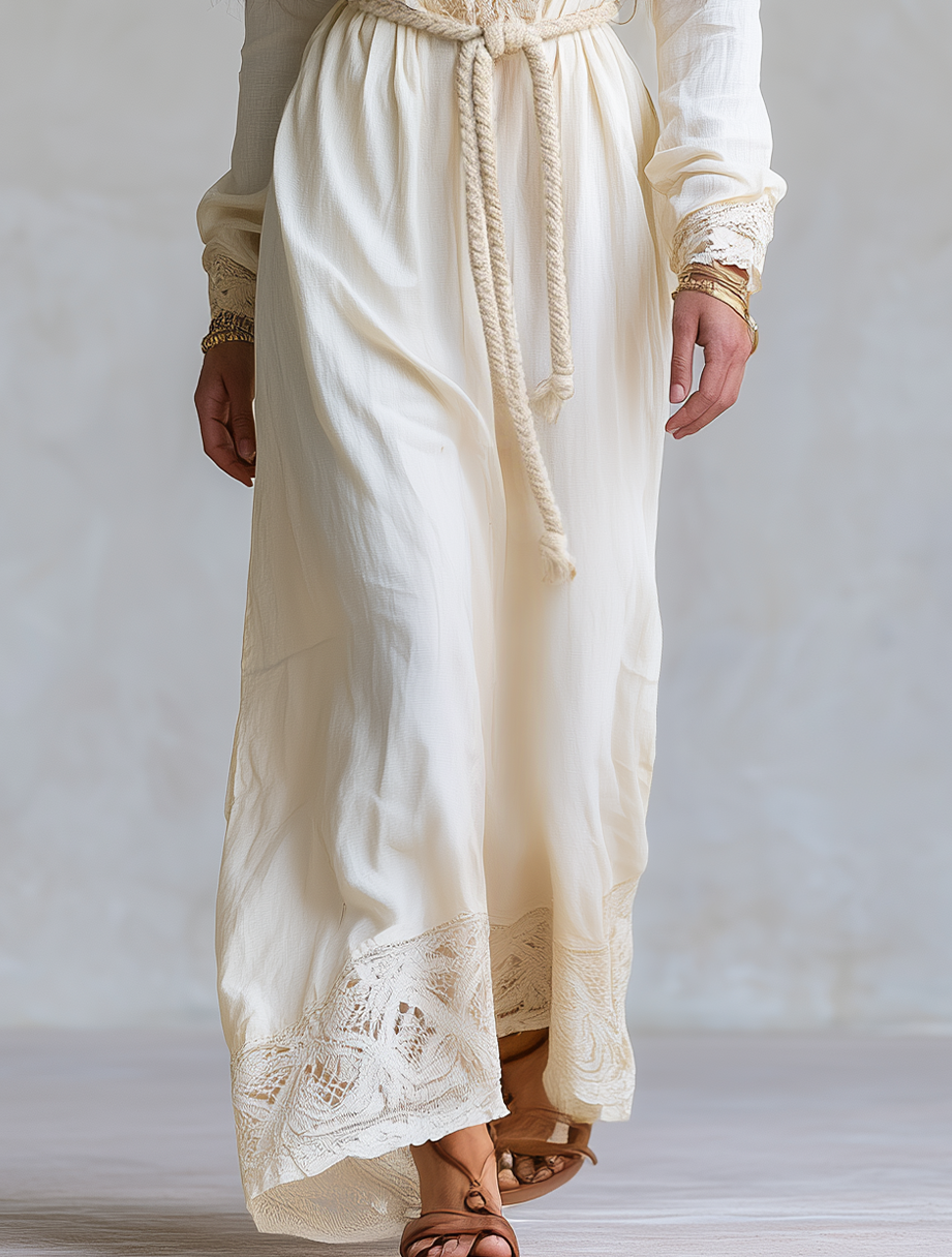 Bohemian Ivory Lace Trim Belted Wrap Maxi Dress