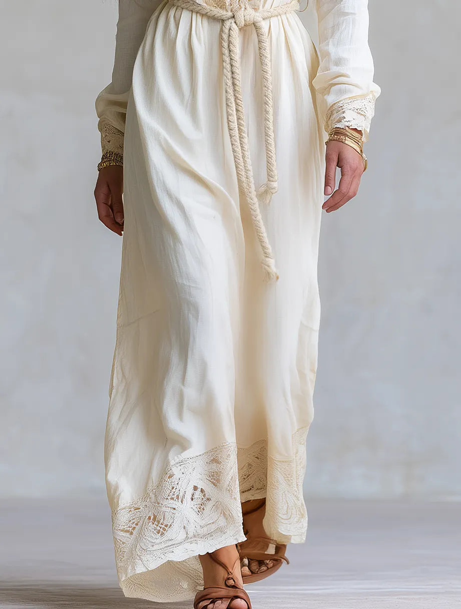 Bohemian Ivory Lace Trim Belted Wrap Maxi Dress