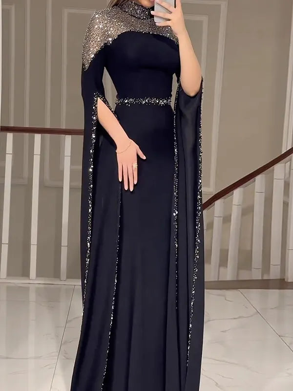 Paneled Shiny Long Sleeves V-neck Maxi Dresses
