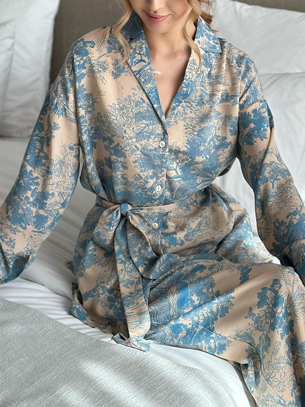 Buttoned Printed Tied Waist High Waisted Long Sleeves Notched Collar Two Pieces Set Pants Set