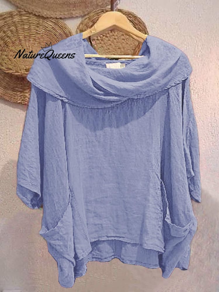 Women's Solid Color Draped Neck 3/4 Sleeve Comfortable Casual Linen Pocket Top