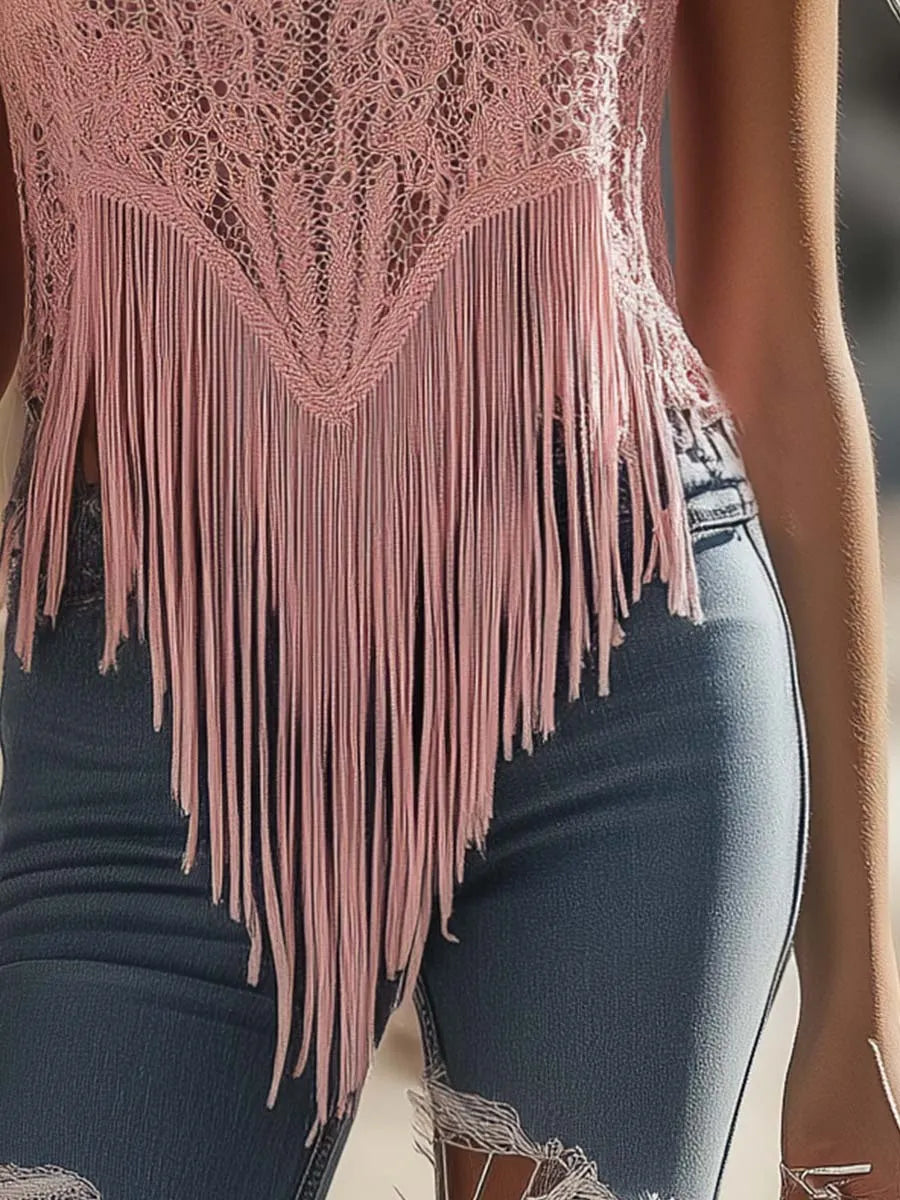 [24-hour shipping out]Retro Exquisite Western Style V-Neck Tassel Pink Lace Top