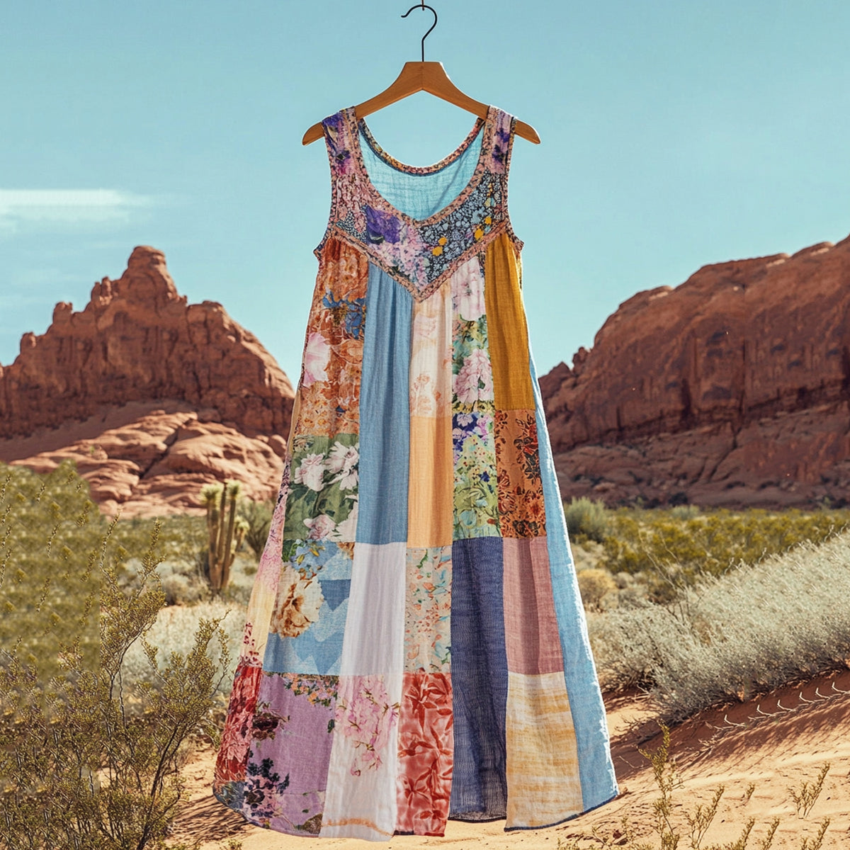 Women's Retro Geometric Floral Linen Tank Dress 9d8c