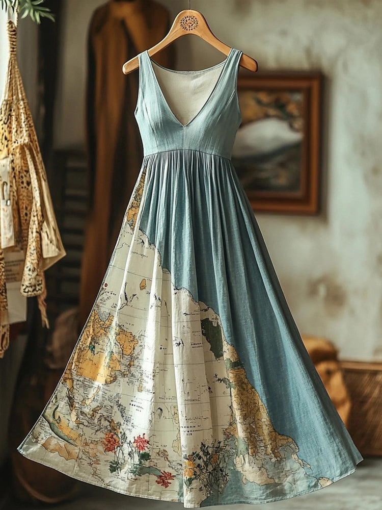 Vintage Old Map Inspired Linen Maxi Dress