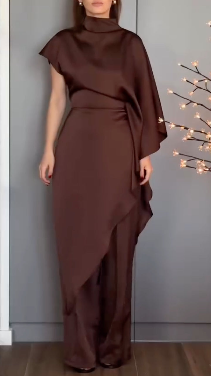High Neck Cape Top with Wide Leg Pants for Formal Set