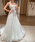 Spaghetti Strap Square Neck Lace A-Line Wedding Dress Corset Bodice Bridal Gown With Long Train