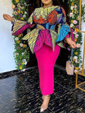 Round-Neck Floral Printed Long Sleeve Empire Falbala Maxi Dress