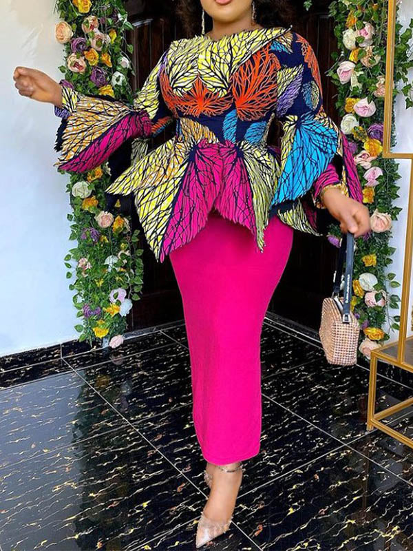 Round-Neck Floral Printed Long Sleeve Empire Falbala Maxi Dress