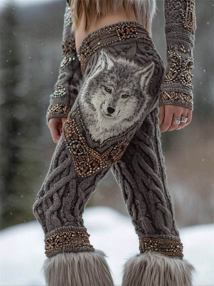 Viking Fuzzy Wolf Studded Celtic Cozy Cable Knit Leggings