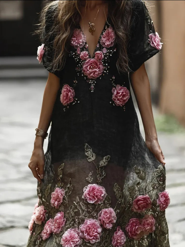 Bohemian Three-dimensional Embroidery Flower Black Short-sleeved Long Dress