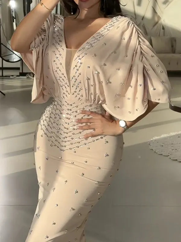 Paneled Shiny Long Sleeves V-neck Maxi Dresses