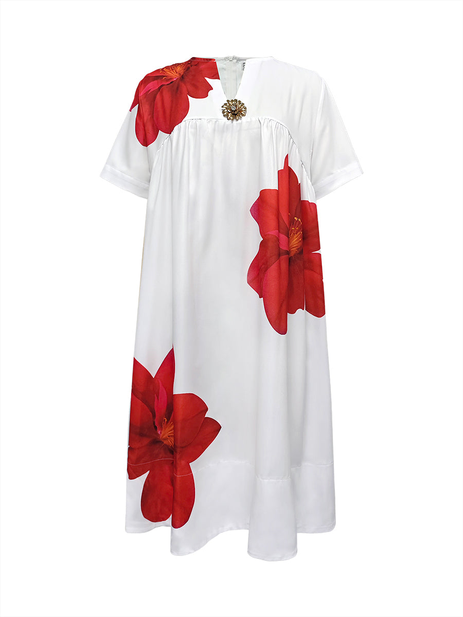 A-Line Loose Flower Print Pleated V-Neck Midi Dresses