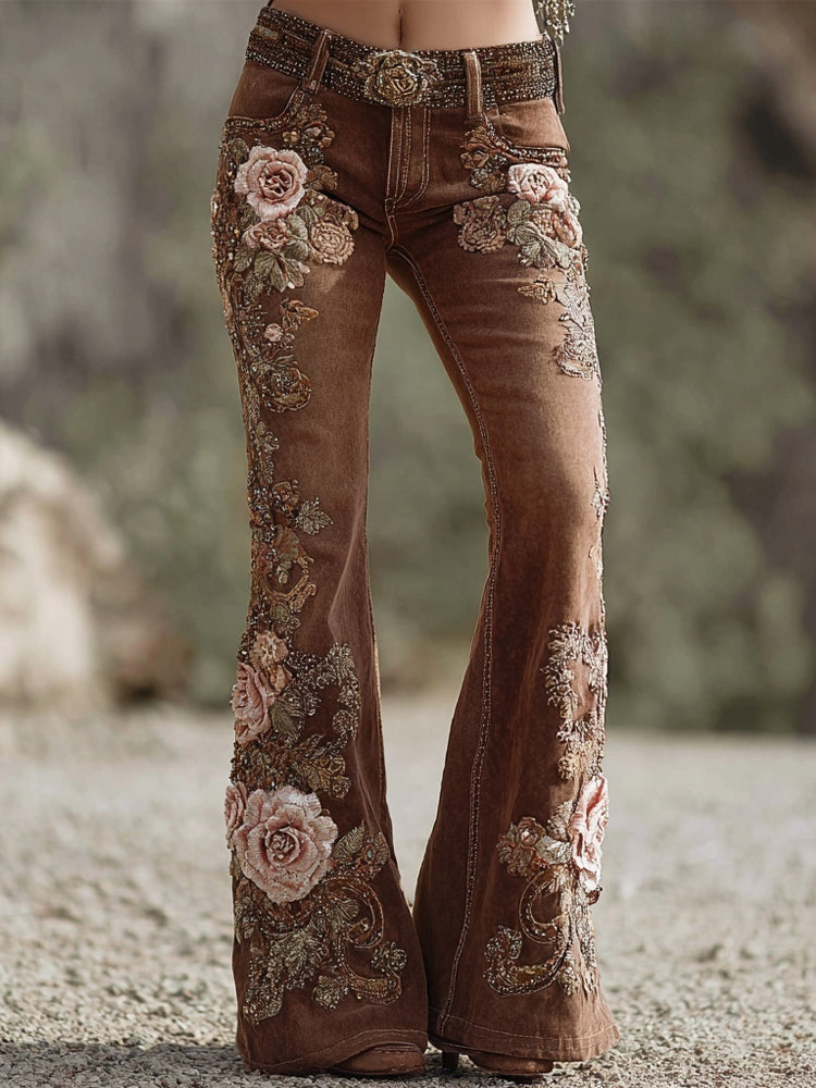 Vintage Western Roses Embroidered Bootcut Jeans
