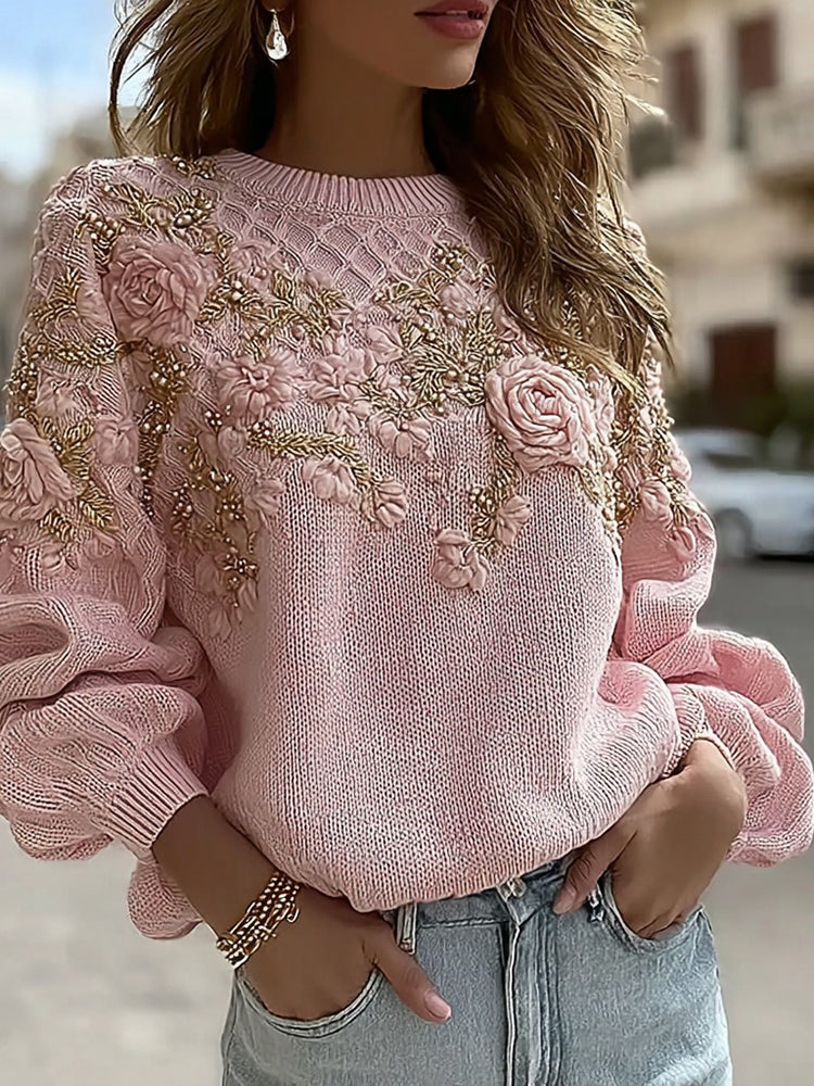 Women's Vintage Pink Rose Floral Chunky Knit Crew Neck Sweater