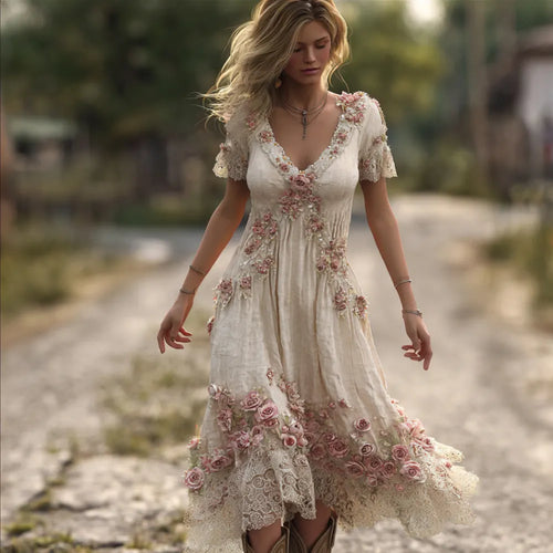 Bohemian Pink Floral Vintage White Linen Vintage Lace V-neck Short-sleeved Long Dress