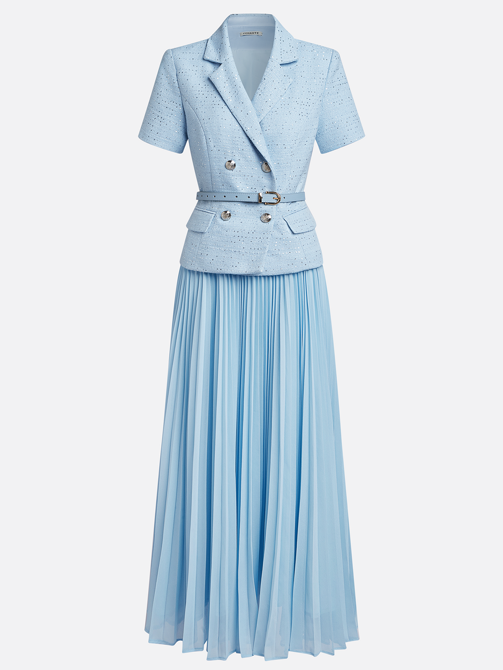Women Light Blue Tweed Pleated Buckle Lapel Collar Short Sleeve Dressy Top With Skirt Two-Piece Set