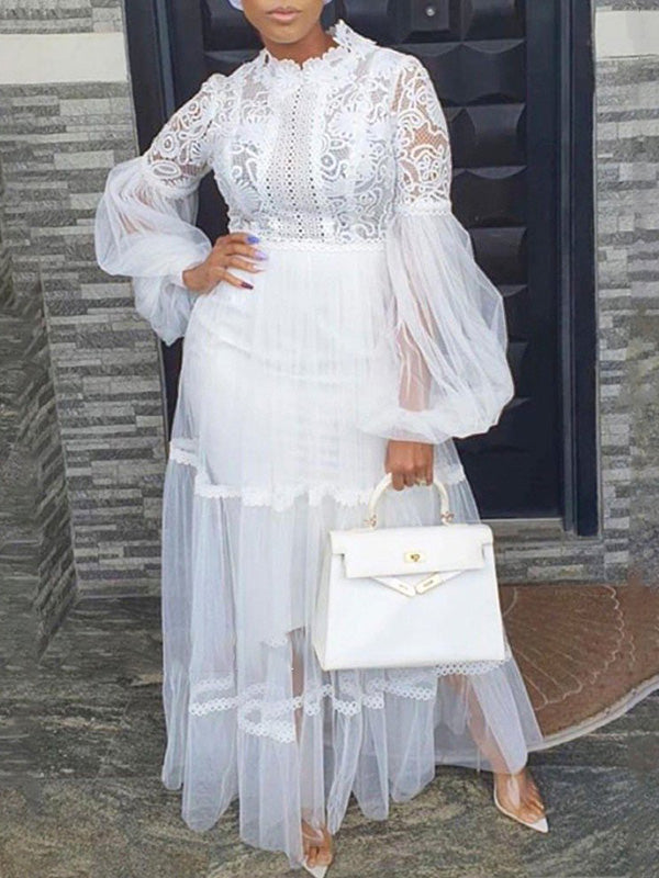 Round-Neck Puff Sleeve Lace Mesh Loose See-Through Elegant Maxi Dress