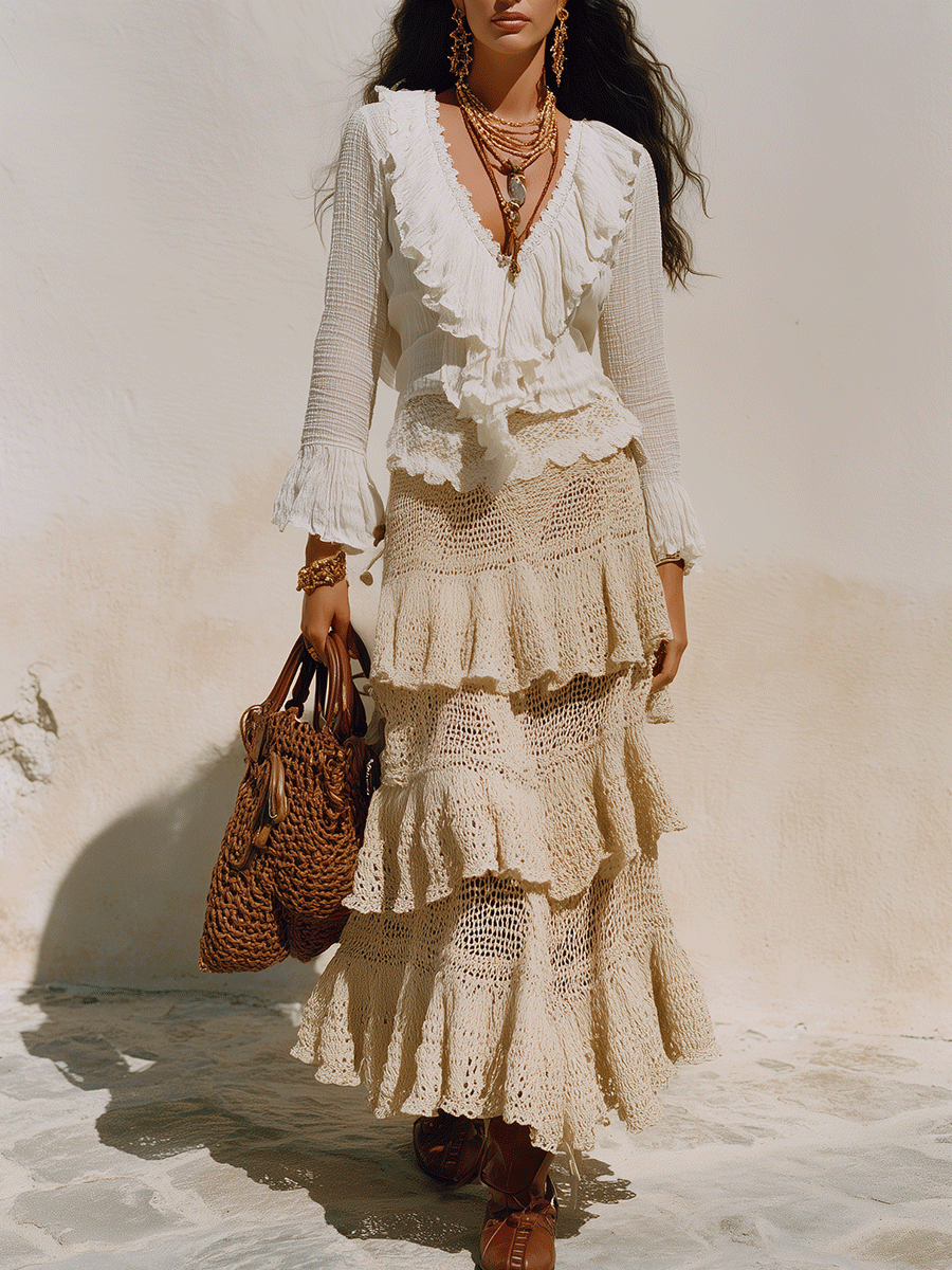 Bohemian Ruffle Resort Ivory Deep-V Lace Trim Blouse